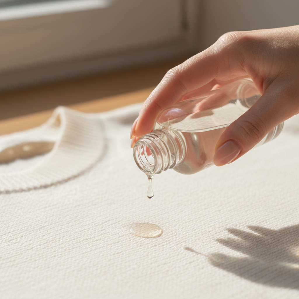 A professional photo depicting a hands-on method for stain removal. A person's hand, with manicured nails, is gently dabbing a small, clear drop of liquid from a generic, transparent bottle (representing dish soap) onto a fresh, circular grease stain on a light-colored, knitted sweater. The stain is visible but not overly prominent. The background is softly blurred, focusing attention on the hand, the sweater fabric, and the stain. The lighting is bright and natural, conveying cleanliness and effectiveness.