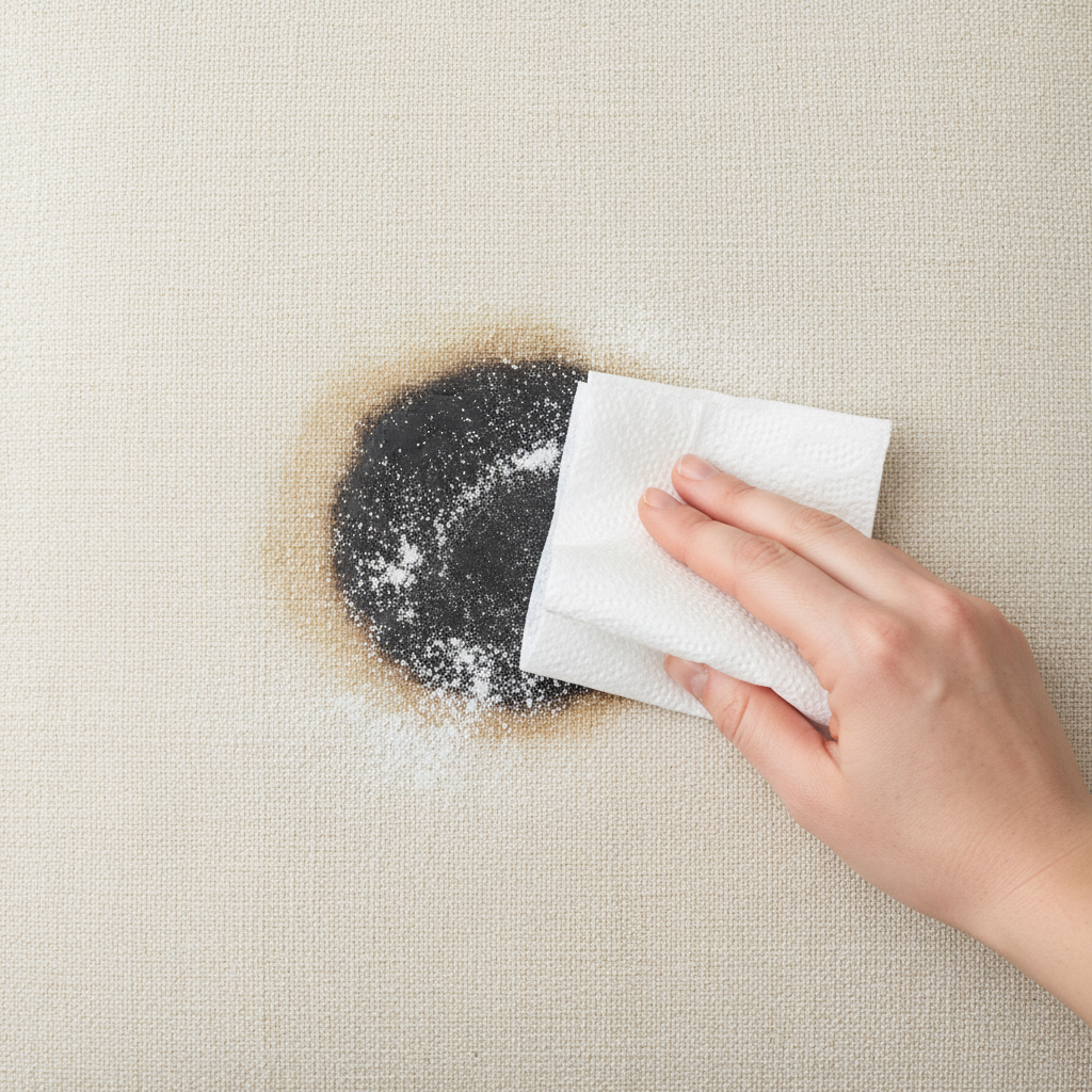 A close-up, top-down view of a light-colored fabric sofa cushion with a noticeable, fresh grease stain. A hand is gently dabbing the stain with a clean, white paper towel, emphasizing the 'don't rub' action. Small, fine white particles, representing an absorbent powder like baking soda or cornstarch, are lightly sprinkled on and around the stain. The lighting is bright and even, highlighting the fabric texture and the contrast with the greasy mark. Professional product photography style, focusing on detail and clarity.
