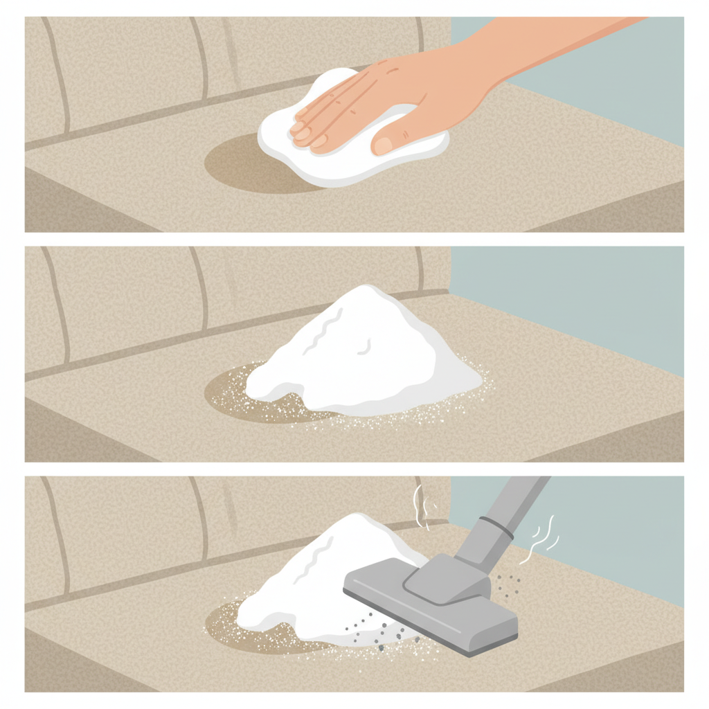 An infographic-style illustration demonstrating the initial steps of grease stain removal on a sofa. The scene is divided into three clear segments: 1) A hand dabbing a fresh grease stain on a beige fabric sofa cushion with a clean white cloth. 2) A pile of white absorbent powder (like cornstarch or baking soda) generously applied over the stain on the sofa. 3) A vacuum cleaner nozzle hovering over the dried powder on the sofa, indicating removal. The overall aesthetic is clean and modern, using a soft color palette. Flat illustration style with clear, sequential visual cues.