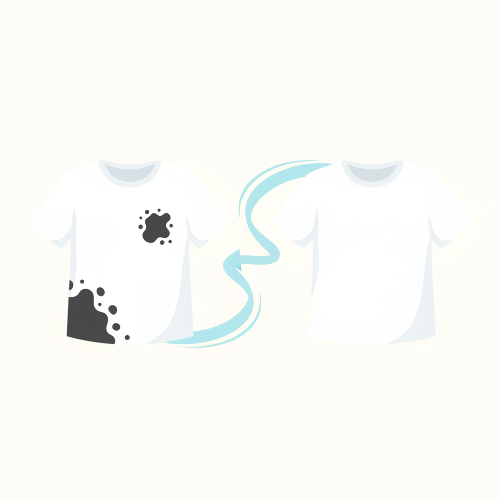 A clean, modern flat illustration depicting a subtle 'before and after' transformation of a white T-shirt. On the left side, the T-shirt has a noticeable, dark circular grease stain near the chest area, appearing prominent and bothersome. On the right side, the same T-shirt is pristine and spotless, radiating a fresh, clean appearance. A subtle visual transition or dividing line, perhaps a gentle swirl or an implied arrow, connects the 'before' and 'after' states, symbolizing the successful removal of the stain. The overall aesthetic should be bright and hopeful, emphasizing clarity and renewal.