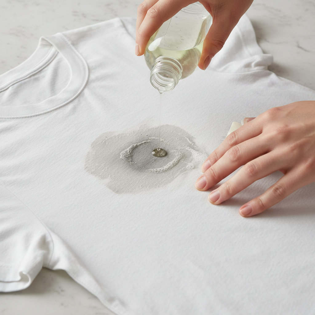 A bright, professional close-up photo focusing on the practical application of dish soap to a T-shirt stain. A white cotton T-shirt is laid flat, with a visible, oily grease stain. A person's hands are gently but deliberately working on the stain. One hand holds a small bottle of clear dish soap, applying a concentrated drop directly onto the greasy spot. The other hand, with fingers or a soft brush, is shown in motion, carefully rubbing the soap into the fabric fibers. The image should highlight the textures of the fabric, the soap, and the focused action, conveying a sense of efficacy and gentle care.