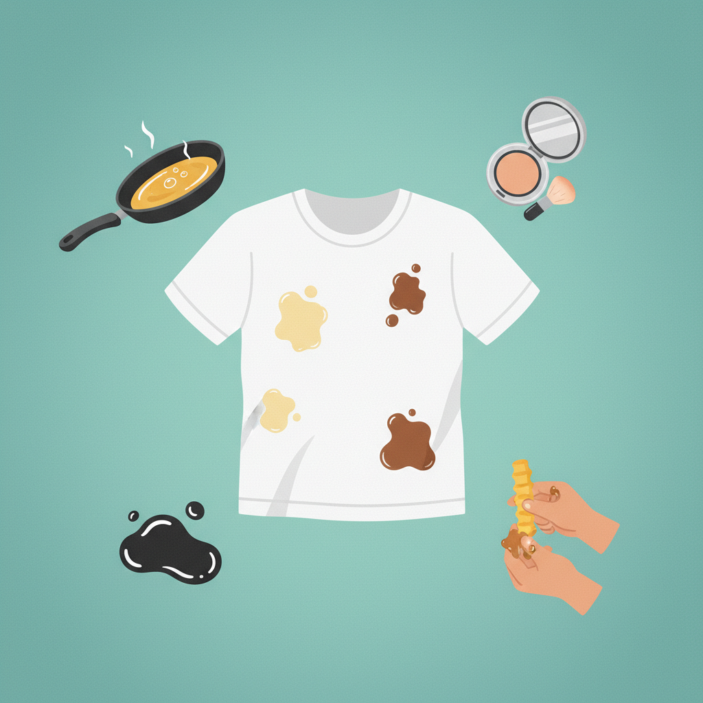 A bright white T-shirt displayed centrally, with several small, distinct grease stains of varying shades of brown/yellow. Surrounding the T-shirt, depicted as floating icons or elements, are visual metaphors for common grease stain sources: a frying pan with oil sizzling, an open cosmetic compact with a powder brush, a small blob of dark engine oil, and a pair of small hands holding a greasy potato fry. Style: Clean, modern flat illustration with a slightly textured look and a vibrant color palette, suitable for a blog post header or section divider.