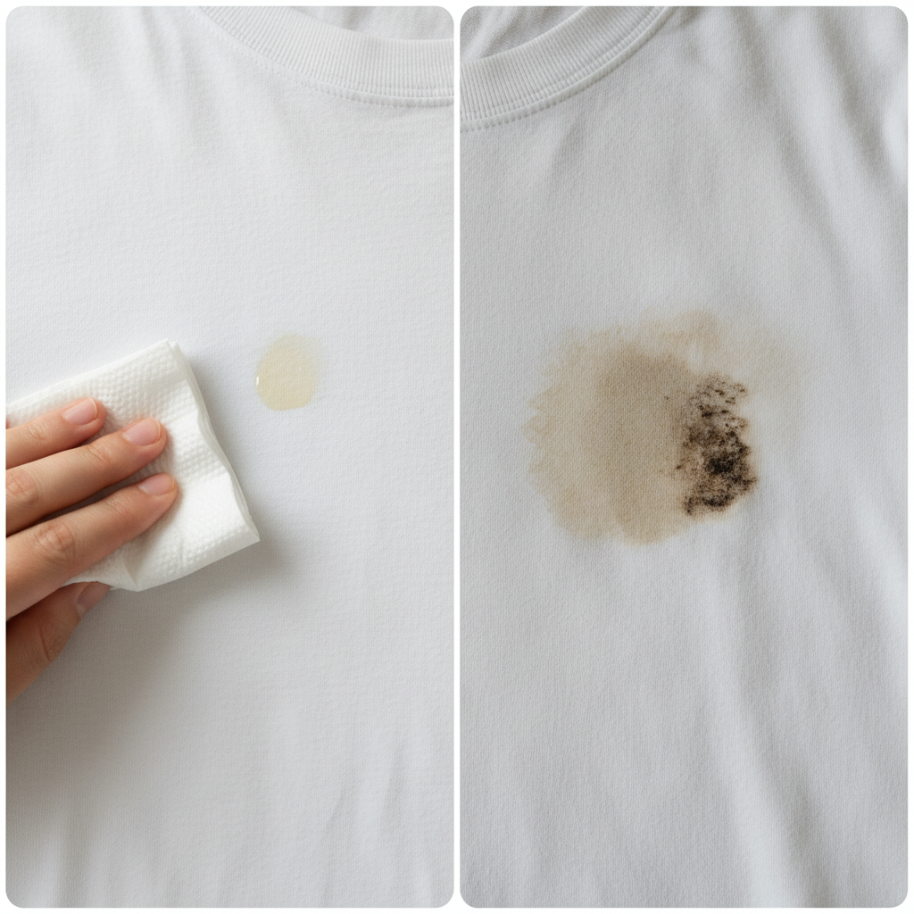 A visually divided image contrasting two scenarios. On the left side, a pristine white T-shirt has a small, light, freshly formed grease stain. A hand is gently dabbing it with a clean white paper towel, showing immediate action. The lighting is bright and hopeful. On the right side, the same T-shirt features a larger, darker, and visibly more set-in grease stain, appearing stubborn and challenging. The lighting here is slightly muted, conveying the difficulty of an old stain. Style: A high-quality, professional photo with soft, natural lighting, emphasizing the fabric texture and the visual difference between a fresh and an old stain. The composition should clearly communicate the passage of time and the impact on stain removal.