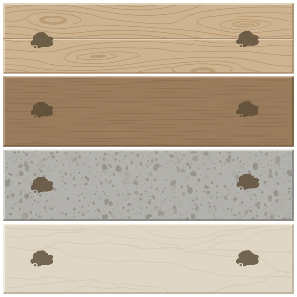 A clean, flat illustration depicting a segmented visual comparison of four different patio materials. Each segment should distinctly show the texture and color of one material: a natural wood plank, a WPC composite board, a rough grey concrete slab, and a smooth ceramic tile. On each material segment, a subtle, small, dark grease stain is visible, indicating the presence of the problem across various surfaces. The illustration should use a clean, modern aesthetic with clear distinctions between the materials, making it easy to understand the diversity of patio types.