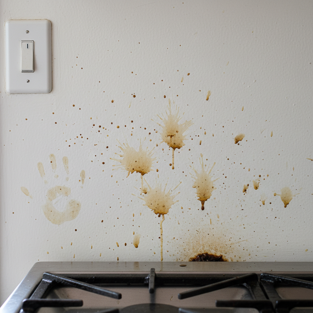 A close-up of a kitchen wall, focusing on an area near a stove or cooking surface. Several distinct grease splatters are visible, some small and dot-like, others larger and more irregular, showing varying degrees of grime build-up. A subtle, transparent cooking fume haze is implied in the background. A faint, almost invisible greasy handprint is subtly integrated near a light switch, indicating multiple sources of stains. This image should convey a common household problem in a relatable way. Professional photo with soft, natural lighting, emphasizing wall texture and the glossy, greasy sheen of the stains.