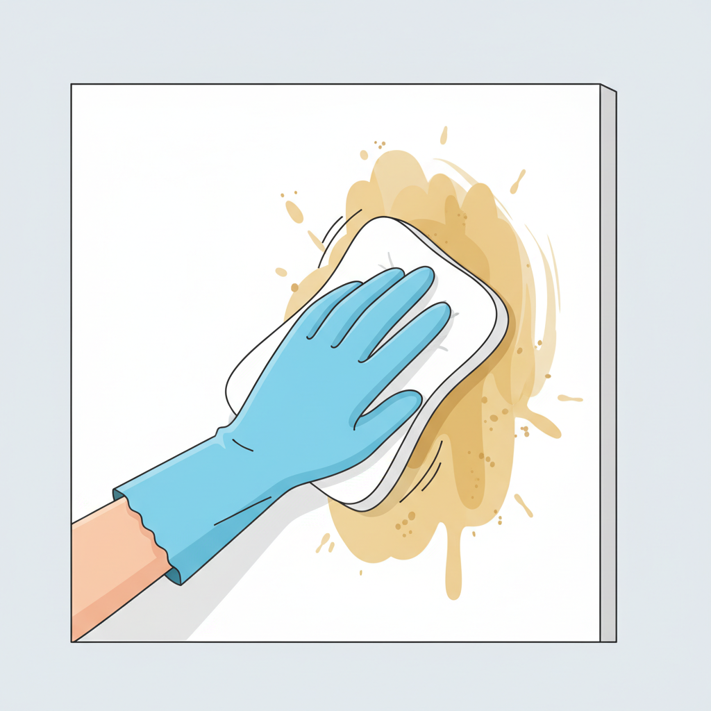 A clean, modern flat illustration depicting a wall section divided vertically. The left half of the wall is pristine and bright, perfectly clean. The right half shows a distinct, yellowish-brown grease stain with subtle splatters and a slightly textured appearance. A human hand, wearing a light blue cleaning glove, is shown actively wiping the border between the clean and dirty sections with a white cloth or sponge, creating a visual transition. This symbolizes effective cleaning and the clear contrast of before and after. Bright color palette, clean lines, and an inviting, positive feel.