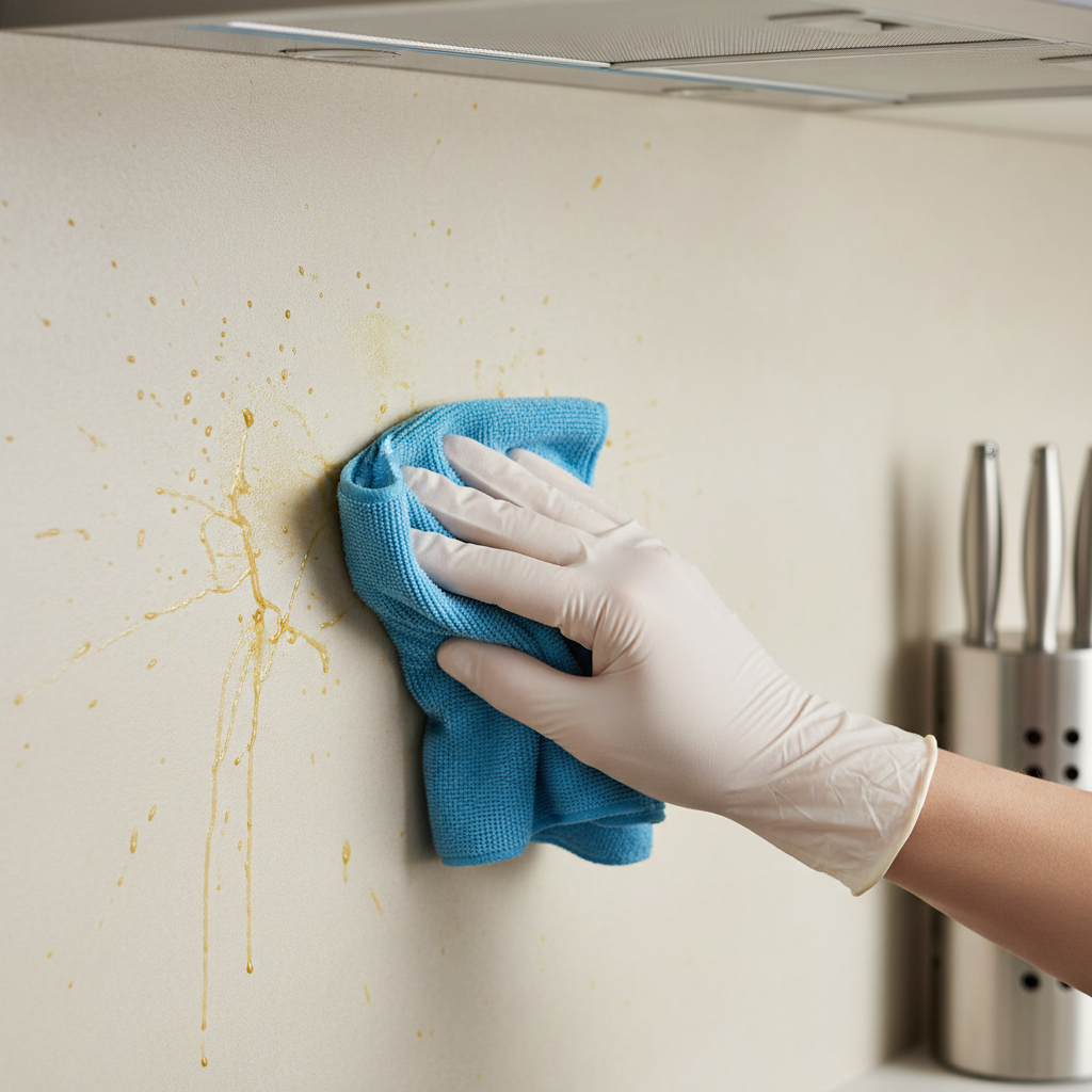 A close-up, eye-level view of a light-colored kitchen wall, specifically above a stovetop area, featuring several distinct, brownish-yellow grease splatters and streaks. The wall has a subtle painted texture. A human hand, wearing a protective glove, holds a soft, damp cleaning cloth and is gently dabbing one of the smaller, fresher-looking stains, suggesting the initial stage of cleaning. The background is softly blurred but hints at a modern kitchen setting with stainless steel accents. The lighting is bright and emphasizes the contrast between the clean wall and the greasy marks. Professional photo with a clean, realistic aesthetic.