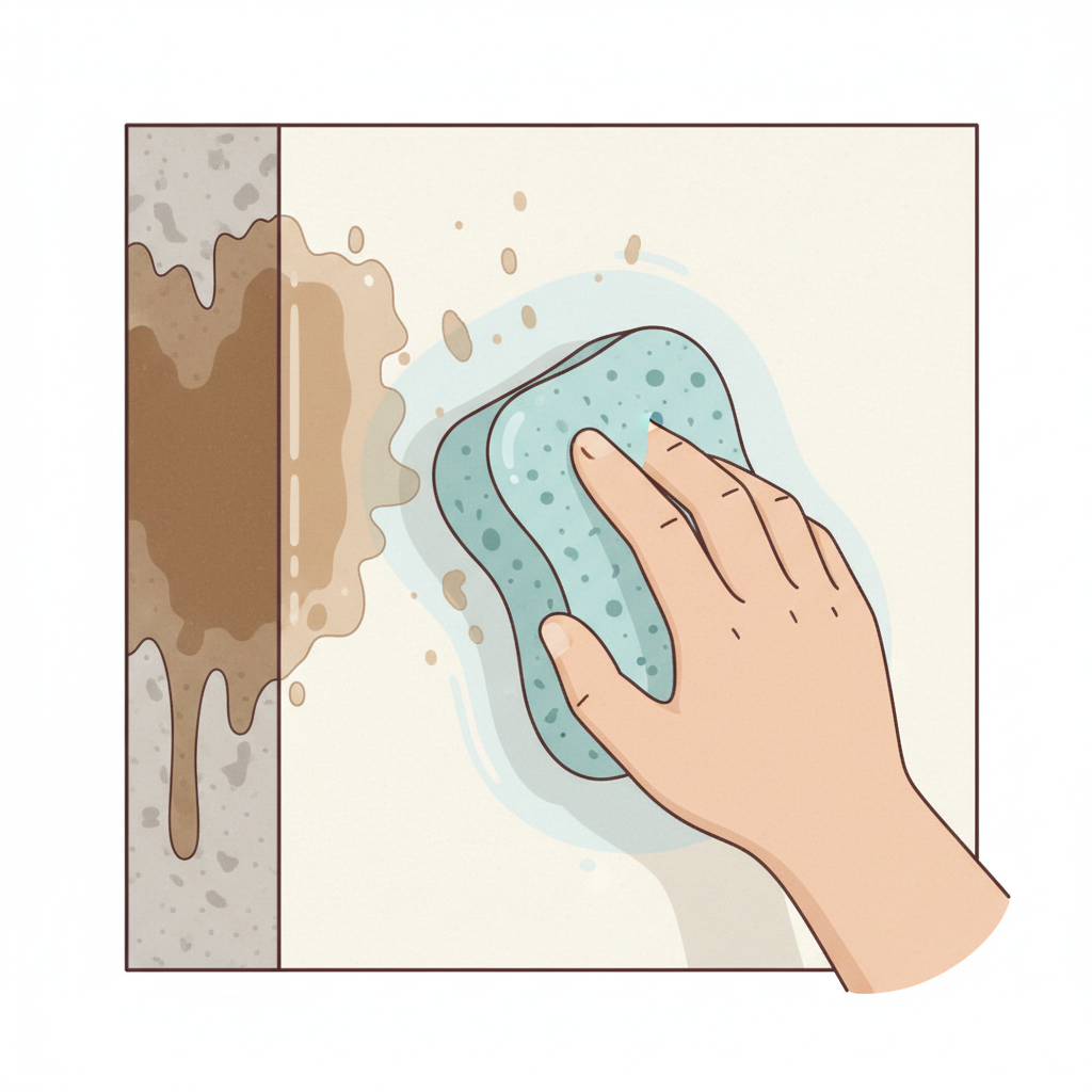 A clean, detailed flat illustration depicting a cross-section of a painted wall surface undergoing cleaning. The left side of the image shows a portion of the wall with a noticeable, deep-set grease stain appearing to penetrate slightly into the paint layers. The right side illustrates a gentle cleaning action, with a sponge or soft cloth wiping away the stain, leaving the wall surface visibly cleaner and brighter. Subtle visual elements, like small dissolving particles around the sponge, indicate the grease being lifted. The illustration uses a harmonious, limited color palette to highlight the cleaning process and the contrast between dirty and clean areas.
