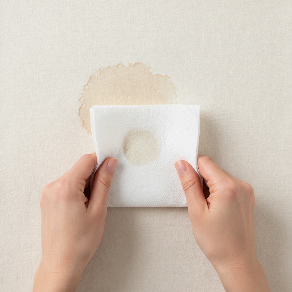 A close-up, top-down perspective of a light-colored cotton fabric (e.g., a white t-shirt or tablecloth) with a visible, fresh, circular grease stain in the center. A pair of hands, with clean, well-manicured fingers, is gently dabbing the stain with a folded white paper towel, showing the action of blotting without rubbing. The fabric fibers around the stain should be subtly visible, hinting at absorption. The overall style should be a professional, bright, and clean flat lay photo, emphasizing clarity and immediate action.