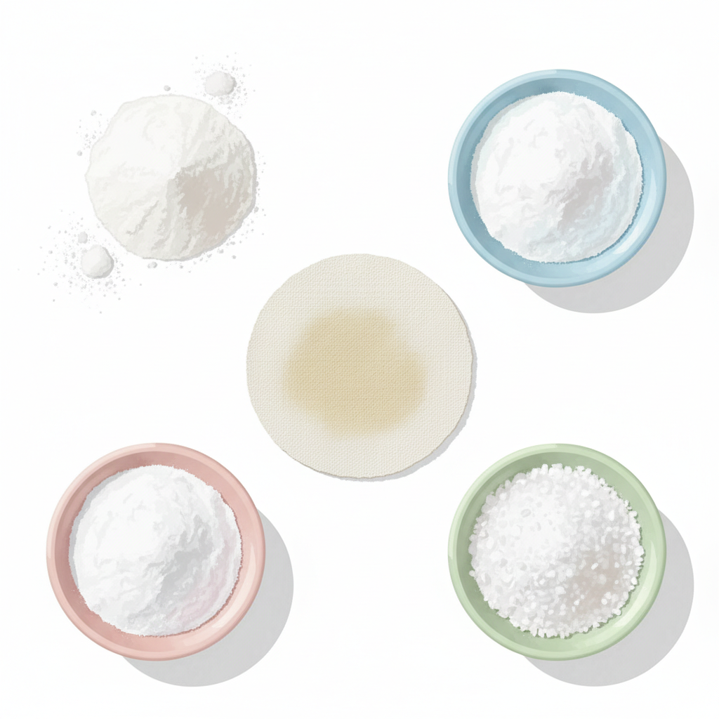An artistic flat lay illustration showcasing various household absorbent powders arranged neatly around a small, stained piece of cotton fabric. In the center, a swatch of light cotton fabric displays a faint, circular grease stain. Surrounding it are small, elegant piles or bowls of white cornstarch, baking soda, baby powder, and coarse white salt. Each substance should be visually distinct but harmoniously arranged, suggesting a collection of effective remedies. The style should be a clean, modern flat illustration with a pastel color palette and soft shadows, making the items easily identifiable and appealing for a DIY guide.