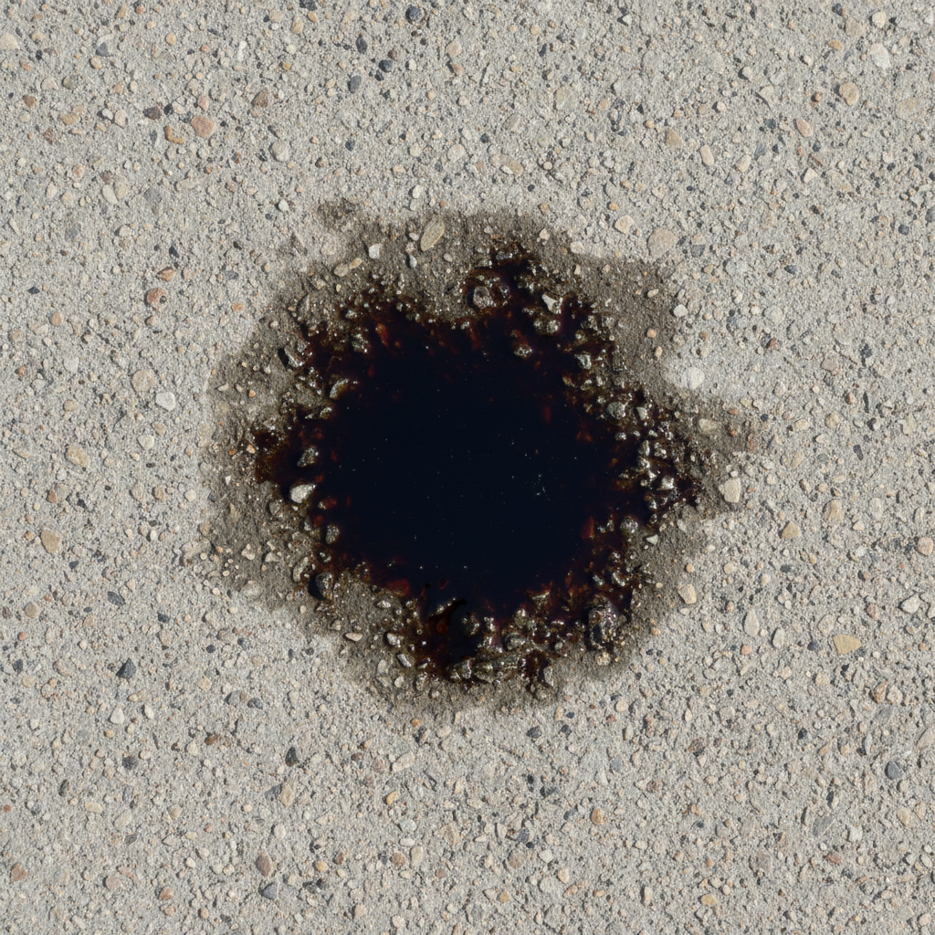 A close-up, slightly elevated professional photo of a textured gray concrete surface, possibly a section of a garage floor or driveway. A prominent, dark, irregularly shaped grease stain, resembling motor oil or cooking oil, is deeply embedded. Subtle visual cues like slightly darker edges around the main stain or a faint 'wet' look within its boundaries suggest its penetration into the porous concrete. The surrounding concrete is clean and dry, starkly highlighting the unsightly problem. The lighting is slightly dramatic to emphasize the depth and difficulty of the stain.