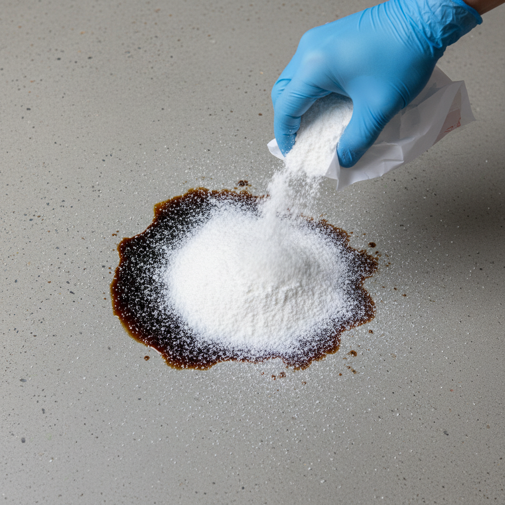 A bright, clean overhead flat lay photo of a light gray concrete surface, featuring a fresh, glistening grease or oil stain of moderate size. A hand, possibly wearing a protective glove, is actively and generously sprinkling a light-colored, granular absorbent material, such as baking soda or cornstarch, directly onto and completely covering the entire fresh stain. A small, simple container or bag from which the material is being dispensed can be seen partially in the frame, suggesting the source. The image captures the immediate action of stain absorption.