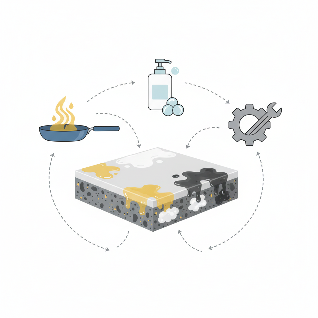 A clean, modern flat illustration depicting a conceptual breakdown of different grease types and their interaction with tiles and grout. The central element is a stylized cross-section of a ceramic tile with a porous grout line. Surrounding this, three distinct illustrative icons represent common grease sources: a frying pan with rising oil droplets, a generic soap bottle with a bubble icon, and a simple gear or wrench for mechanical grease. Arrows emanate from these source icons, pointing towards and subtly showing translucent grease layers accumulating on the tile surface and specifically within the grout's pores, explaining how different fats adhere.