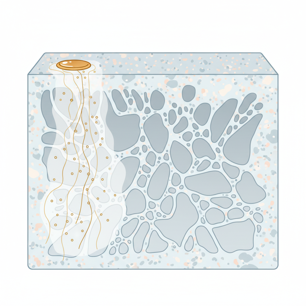 A clean, modern flat illustration showing a cross-section of a granite slab. The illustration should depict the porous nature of the stone. On the top surface, a small, subtle oil droplet is illustrated. From this droplet, tiny, thin lines or small circles representing grease particles are shown slowly descending into the intricate, interconnected network of pores within the granite. One side of the illustration could show a pristine, non-penetrated area, while the other side clearly demonstrates the oil permeating deeper into the stone's internal structure. Use a light color palette for clarity.