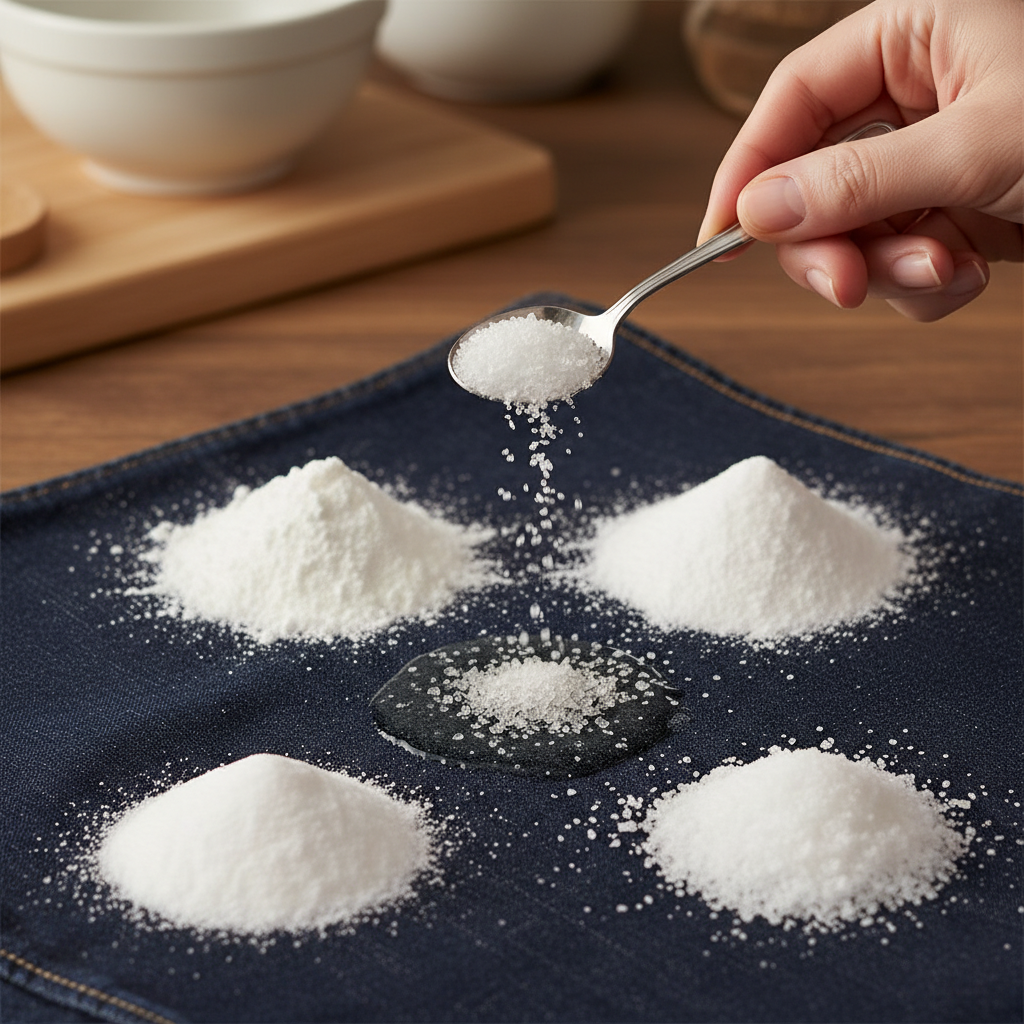 A close-up studio photograph of a fresh, shiny grease stain on dark blue denim trousers. Around the stain, small, neat piles of white absorbent powders are arranged: cornstarch, baby powder, baking soda, and coarse salt. A hand, holding a small spoon, is gently sprinkling one of the powders onto the center of the stain, showing the process of absorption. The background is softly blurred, hinting at a practical, home setting.