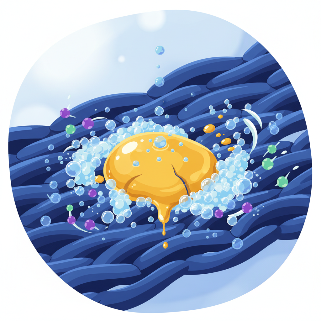 A vibrant, stylized flat illustration depicting a magnified view of fabric fibers. A large, golden oil droplet is deeply embedded within the blue textile strands, visibly repelling small, clear water droplets that bounce off its surface. Nearby, numerous energetic, iridescent soap bubbles or abstract surfactant molecules are actively surrounding and beginning to encapsulate the oil droplet, illustrating the emulsification and breaking down of the grease.