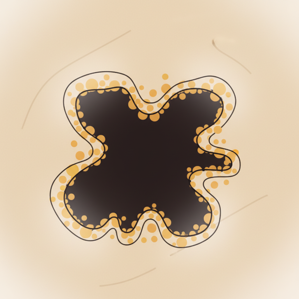 A close-up, detailed illustration of a stubborn grease stain on a light-colored fabric, like a beige cotton t-shirt. The stain is dark, oily, and appears deeply embedded in the fibers. Visually, at the microscopic edge of the stain, abstract, small yellow-orange lipid-like particles are subtly depicted interwoven tightly within the fabric threads, illustrating how grease binds to fibers and resists water. The overall mood conveys frustration but also the possibility of a solution. Professional flat illustration with clean lines and a soft color palette, suitable for a blog article.