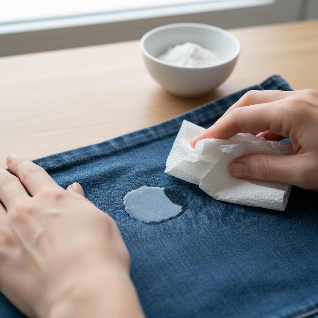 A bright, professional photo showcasing the immediate action against a fresh grease stain. A pair of hands, with clean, well-maintained fingers, gently dabs a visible, wet grease stain on a piece of clothing (e.g., a blue denim fabric) with a crumpled piece of white kitchen paper or a clean, absorbent cloth. The motion is careful, pressing rather than rubbing. In the softly blurred background, a small ceramic bowl containing a white, powdery substance like cornstarch or baking soda is visible, hinting at household remedies. Natural lighting and a clean aesthetic.