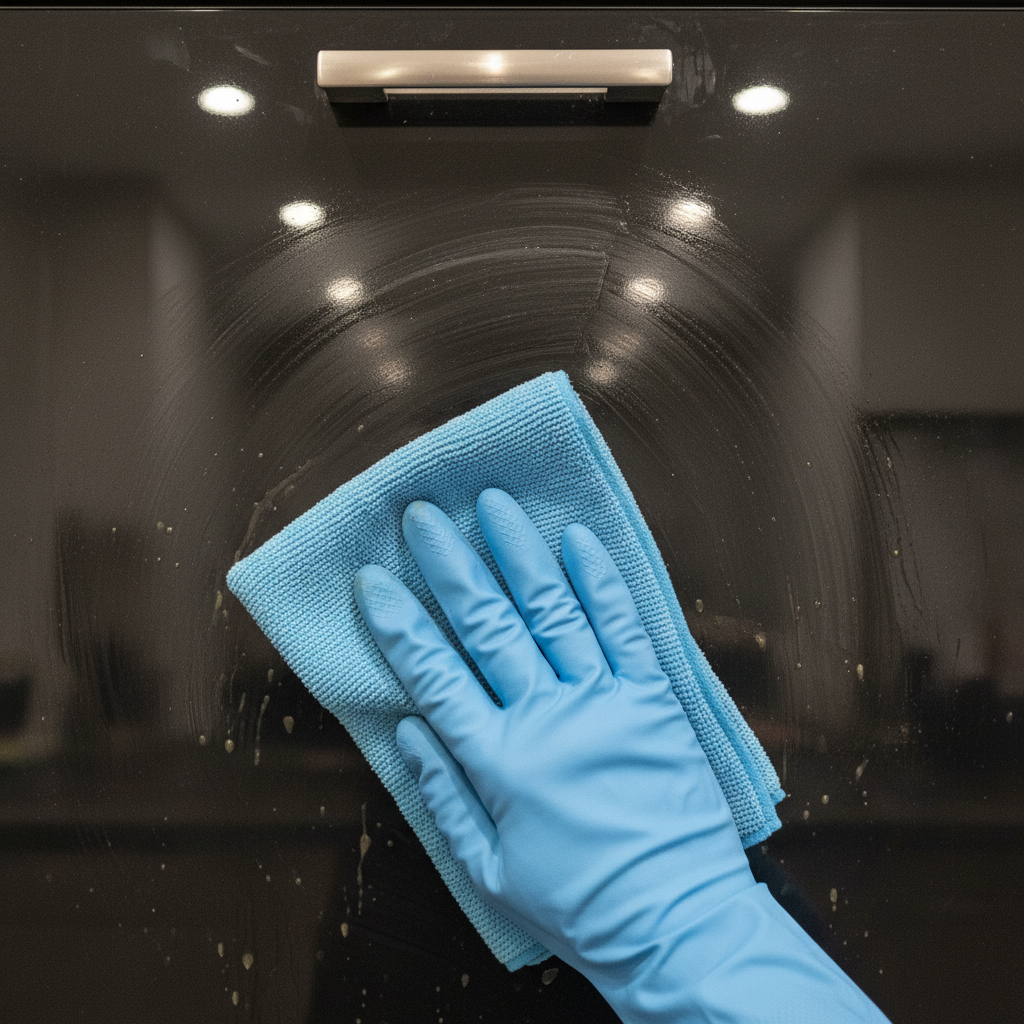 A close-up, professional photograph of a modern kitchen cabinet front made of dark, glossy lacquer. The surface is visibly marred by persistent, smudgy grease stains and a dull film, reflecting overhead kitchen lights poorly. In the foreground, a hand wearing a cleaning glove holds a soft, damp microfiber cloth, actively wiping a section of the cabinet. One part of the wiped area is already sparkling clean, creating a clear contrast with the still-greasy surrounding surface, emphasizing the effectiveness of cleaning.