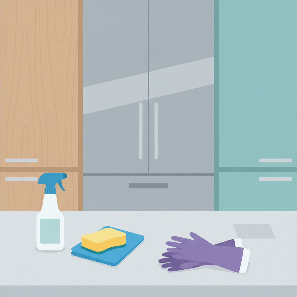A clean, modern flat illustration depicting a kitchen counter surface. On it, various cleaning tools are neatly arranged: a spray bottle, a soft sponge, a microfiber cloth, and a pair of cleaning gloves. In the background, subtly hinted kitchen cabinet fronts made of different materials are visible – one section appears as wood grain, another as sleek stainless steel, and a third as a smooth, lacquered finish. A small, symbolic 'test patch' area is visible on one of the surfaces, suggesting the importance of checking compatibility. The overall image should convey readiness and organized preparation for cleaning.