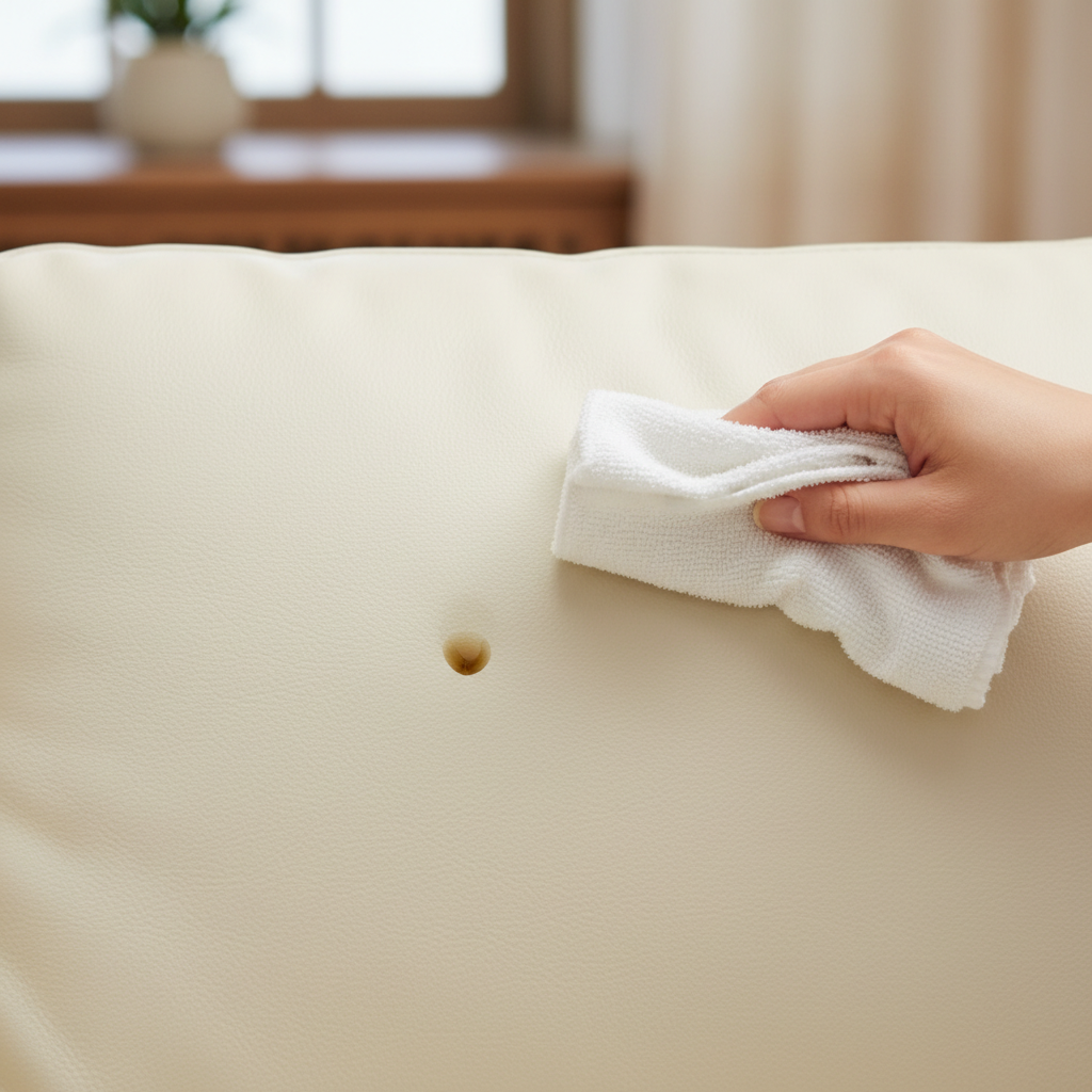 A professional close-up photo of a pristine, light-colored leather sofa cushion with a freshly spilled, small dark grease spot in the center. A clean, white, absorbent cloth is partially visible, held by a hand reaching in from the side, poised just above the stain, ready to blot it. The background is softly blurred, focusing entirely on the urgent situation of the fresh stain on the luxurious leather. The lighting is bright and natural, highlighting the texture of the leather.