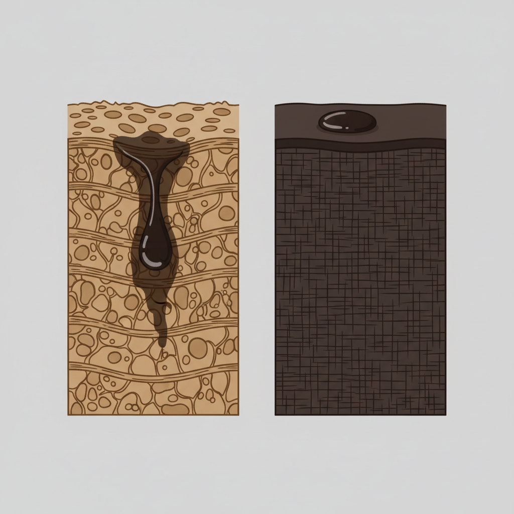A clear, flat illustration in an infographic style depicting two distinct cross-sections of leather side-by-side. On the left, an open-pored leather (e.g., nubuck) shows a visible porous structure, with a dark, oily droplet actively seeping deep into its many layers. On the right, a smooth, closed-pore leather shows a more compact structure, with a similar dark droplet resting predominantly on the surface, just beginning to penetrate the very top layer. The illustration effectively visualizes the different absorption rates without any text.