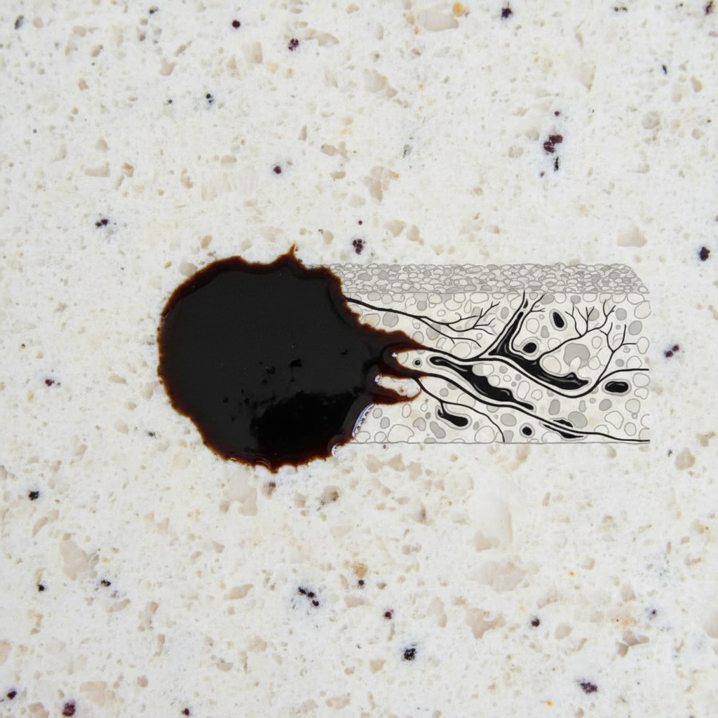 A close-up of a kitchen countertop made of light-colored natural stone like granite or marble. A prominent, dark, oily grease stain is clearly visible on the surface. Adjacent to the stain, a subtle, abstract visual representation illustrates the stone's porosity: tiny channels or microscopic pores with a dark liquid, symbolizing grease, beginning to penetrate or already deeply absorbed within the stone structure. The image should convey both the visual problem and the underlying material science. Style: High-quality, professional photo with seamlessly integrated, subtle infographic elements.