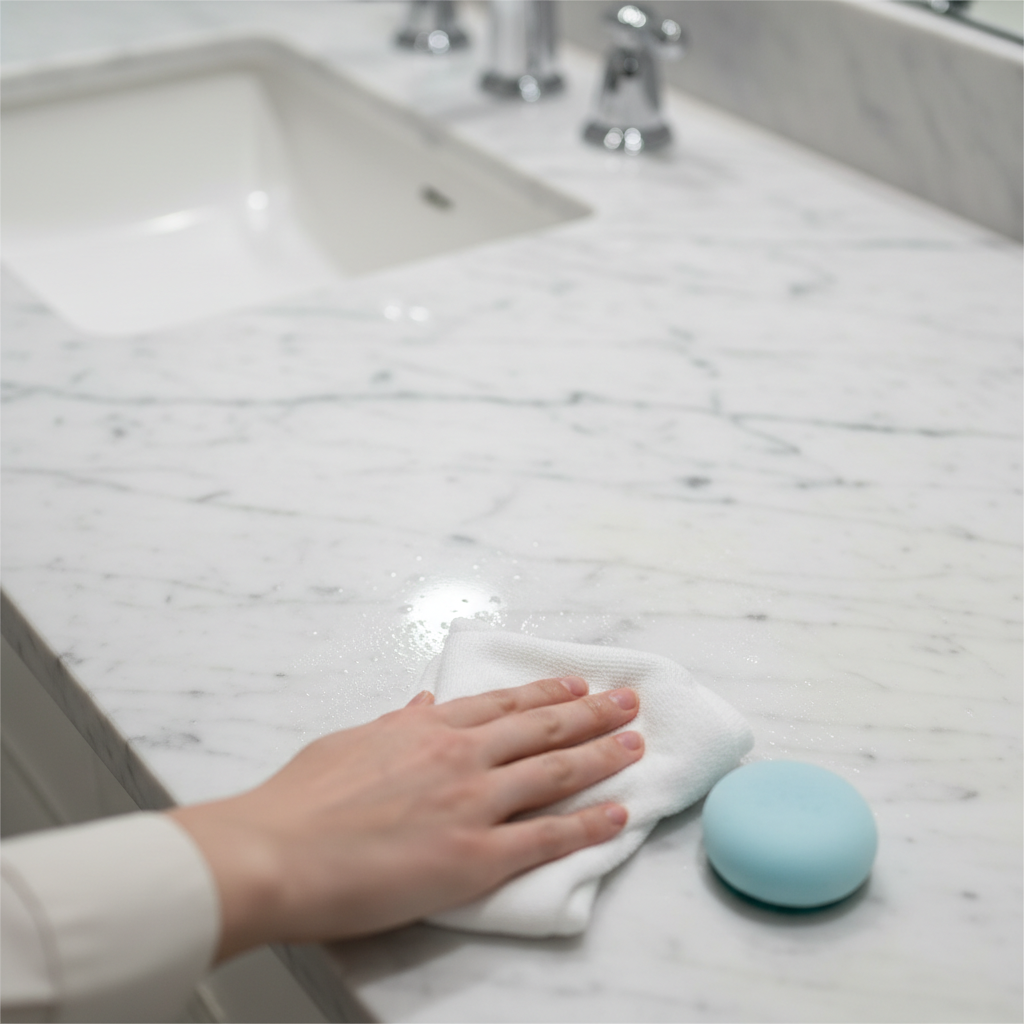 A pristine, clean section of a natural stone surface, such as a shimmering granite kitchen counter or a polished marble bathroom vanity. The surface is completely free of any stains or imperfections, reflecting light beautifully. In the foreground, slightly blurred, a gentle hand is seen holding a soft cleaning cloth or a delicate sponge, implying diligent maintenance and care. The overall impression is one of cleanliness, beauty, and the success of proper stone care. Style: Bright, clean, professional product photography, emphasizing pristine surfaces and luxurious texture.