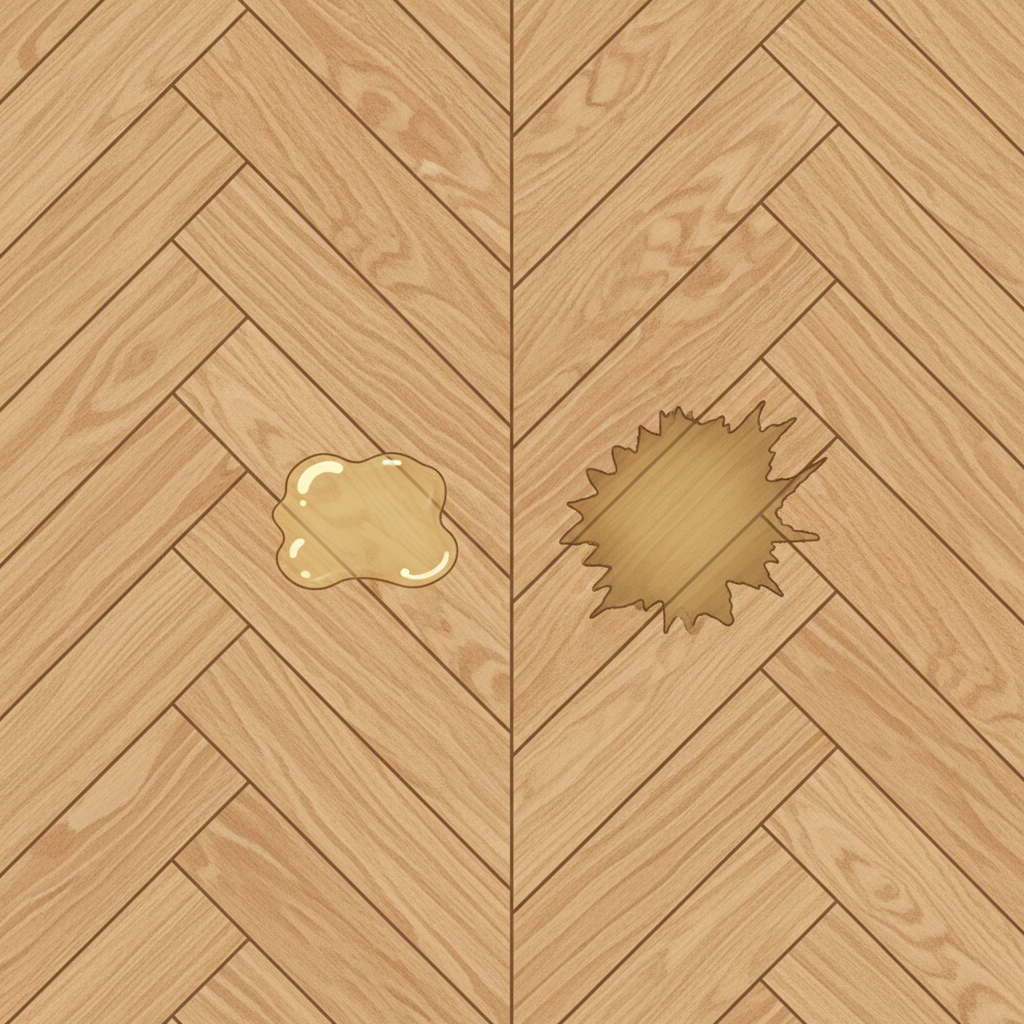 A detailed, professional illustration depicting a close-up of a parquet floor section. On one wooden plank, a small, wet, and shimmering grease stain has just formed, appearing to sit mostly on the surface. Next to it, on an adjacent plank, a much older, darker, and visibly absorbed grease stain has deeply penetrated the wood grain, causing a distinct, yellowish-brown discoloration. The wood texture should be clearly visible, emphasizing the difference in how fresh versus old grease stains appear and affect the material. The overall impression should be clean and informative.