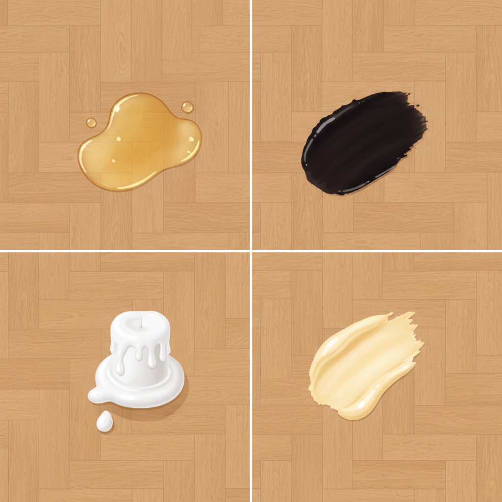 A clean, infographic-style illustration presenting various common grease stains on a light oak parquet background. Each stain type should be visually distinct but appear in a small, contained area. Examples include a shimmering puddle representing cooking oil, a darker, smudged mark for shoe polish, a solidified drip for candle wax, and a soft, yellowish smear for butter. The background parquet should have a consistent, warm tone, allowing the different stains to stand out clearly. The overall aesthetic should be modern, organized, and easy to understand.