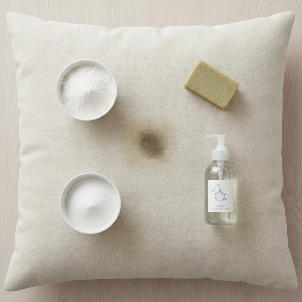 A professional, well-lit top-down flat lay photograph. A plush, light-colored sofa cushion features a prominent, fresh grease stain, clearly visible against the fabric. Arranged neatly around the stain are small, identifiable containers of various home remedies: a bowl of white cornstarch, a bowl of baking soda, a small bottle of clear dish soap, and a bar of traditional gall soap. The composition should be clean and organized, with a shallow depth of field, emphasizing the practical solutions for stain removal. The image conveys helpfulness and readiness for action.