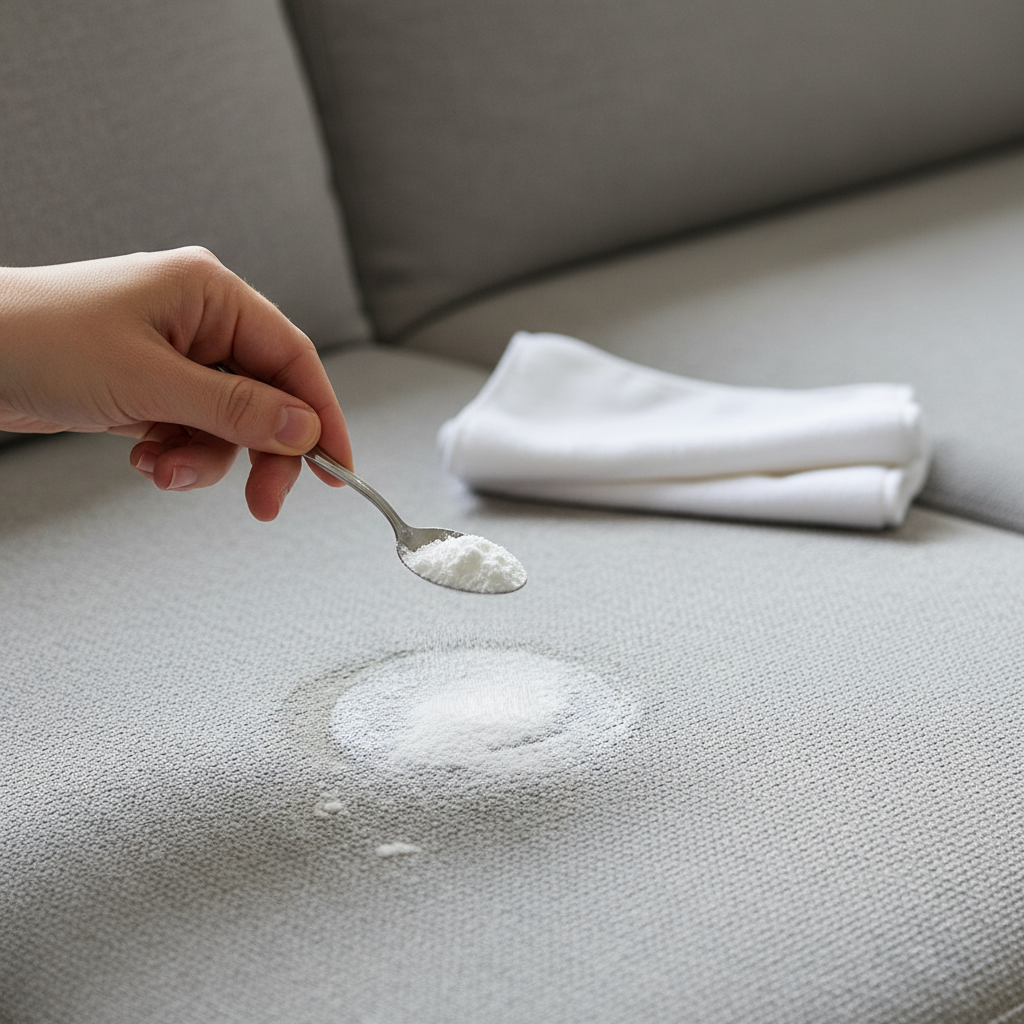 A realistic, high-quality close-up photograph with soft, natural lighting, focusing on a practical step of stain removal. A person's hand, wearing no rings, gently sprinkles a fine white powder, like cornstarch or baking soda, onto a fresh, circular grease stain on a textured, light-grey sofa cushion. The powder is visibly settling on the stain, beginning to absorb the oil. A clean, folded white microfibre cloth rests subtly in the background, out of focus. The image conveys a clear 'how-to' action without being messy.