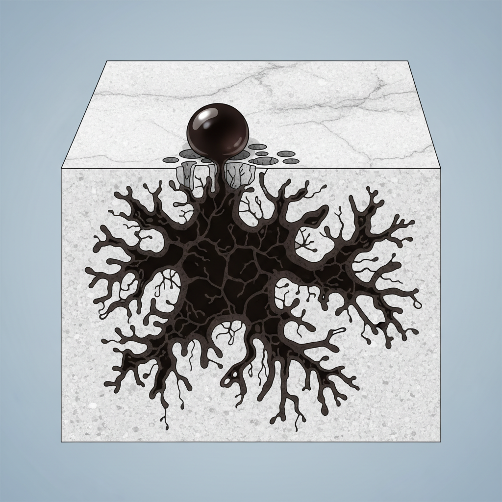 A detailed scientific illustration in a modern, clean style, depicting a cross-section of a porous stone surface. The stone, resembling granite or marble, shows a network of microscopic internal pores. A dark, viscous, oily substance representing grease is visibly seeping and fully absorbed deep into several of these pores, causing a distinct, dark discoloration within the stone's matrix. A fresh, round droplet of the same oily substance sits on the surface, poised to penetrate. This visual effectively communicates how grease deeply embeds into porous materials, creating stubborn stains from within.
