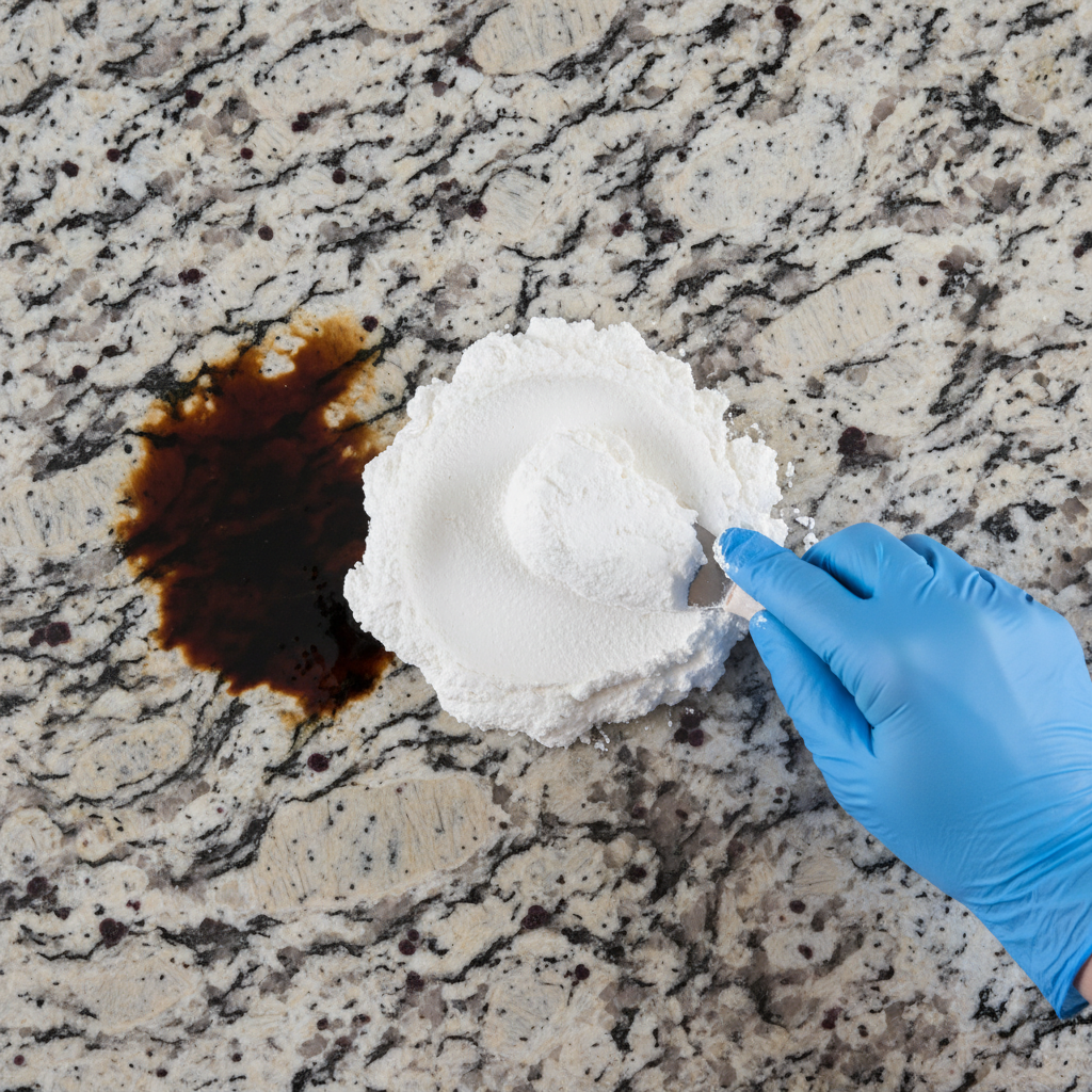 A high-resolution, professional photo capturing a close-up of a kitchen countertop made of natural stone, such as polished granite. A prominent, dark, and oily grease stain is clearly visible on one part of the surface. A gloved hand carefully applies a thick, light-colored cleaning paste or poultice directly over the stain, completely covering it. The surrounding stone area is clean and spotless, suggesting an active cleaning process or a successful partial treatment. The focus is on the contrast between the stain, the applied cleaner, and the clean stone.