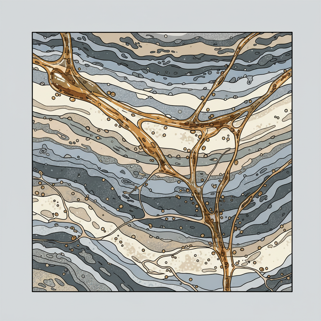 A close-up, cross-sectional view of a porous stone surface. The stone appears in various shades of grey and beige, showing its natural texture. Tiny, intricate network of capillaries and pores are clearly visible within the stone matrix. Viscous, amber-colored grease droplets are depicted actively seeping and wicking deep into these microscopic channels, illustrating the concept of absorption and why grease stains embed. The scene should convey the scientific process of liquid penetration into porous material. Infographic style with clean lines and a slightly magnified perspective.