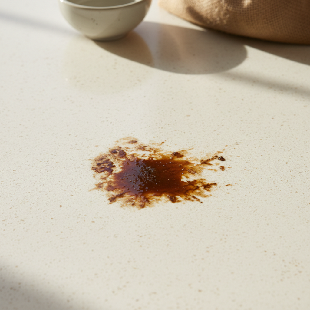 A professional, top-down photograph of a kitchen counter made of light-colored, natural stone, possibly marble or sand-colored granite. A prominent, dark, and slightly glossy grease stain is visible on the surface, contrasting sharply with the clean stone. The stain should appear stubborn and embedded. In the background, slightly out of focus, some generic containers that could imply cleaning products or home remedies are subtly present, like a simple bowl or a small bag, without any branding or labels. The lighting is bright and natural, highlighting the texture of the stone and the challenge of the stain. Professional photo style.