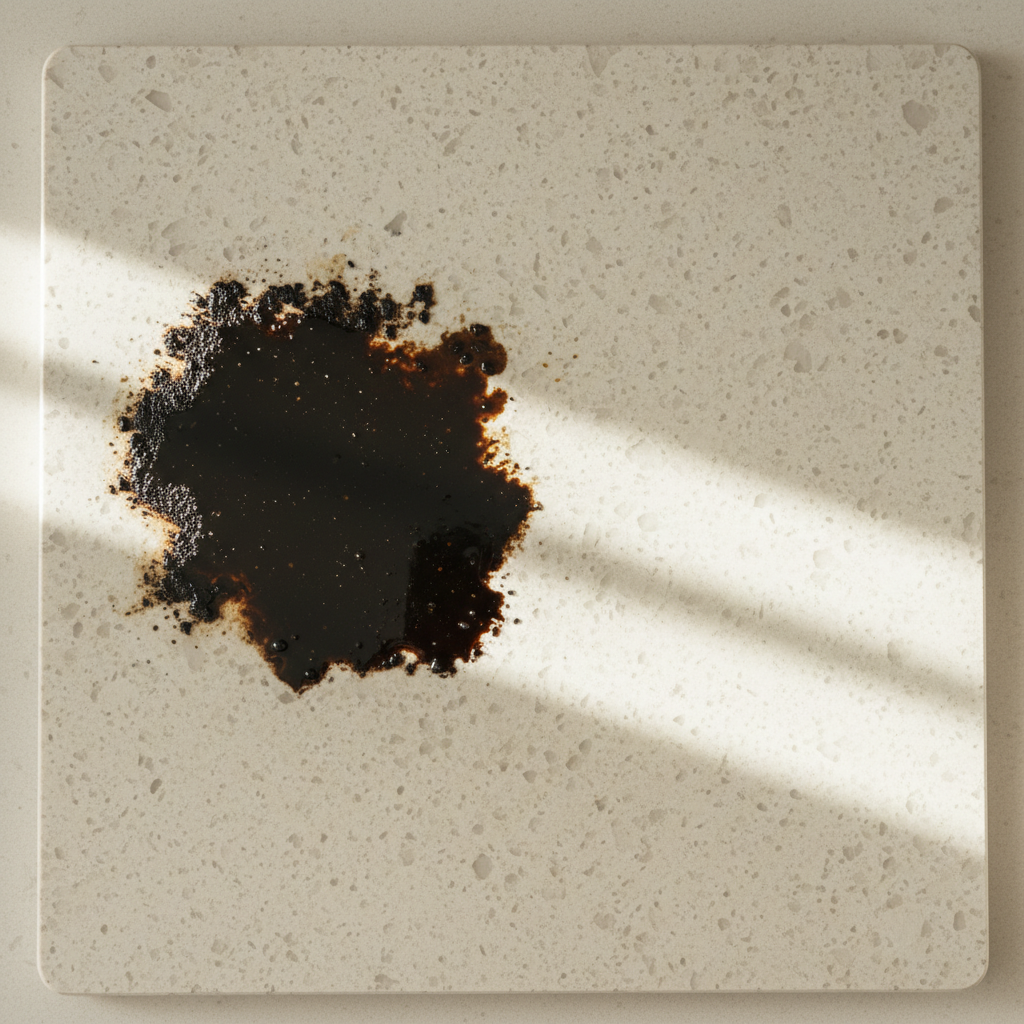A professional, high-angle close-up photo of a kitchen countertop made of light-colored natural stone, like polished granite or marble. On one side, a prominent, dark, irregularly shaped grease stain is clearly visible, contrasting with the stone's otherwise clean surface. On the other side of the image, the same stone surface is completely clean and spotless, reflecting ambient light. The scene should convey a sense of successful cleaning, emphasizing the 'before and after' effect through visual contrast. Subtle dappled lighting enhances the stone's natural texture and shine.
