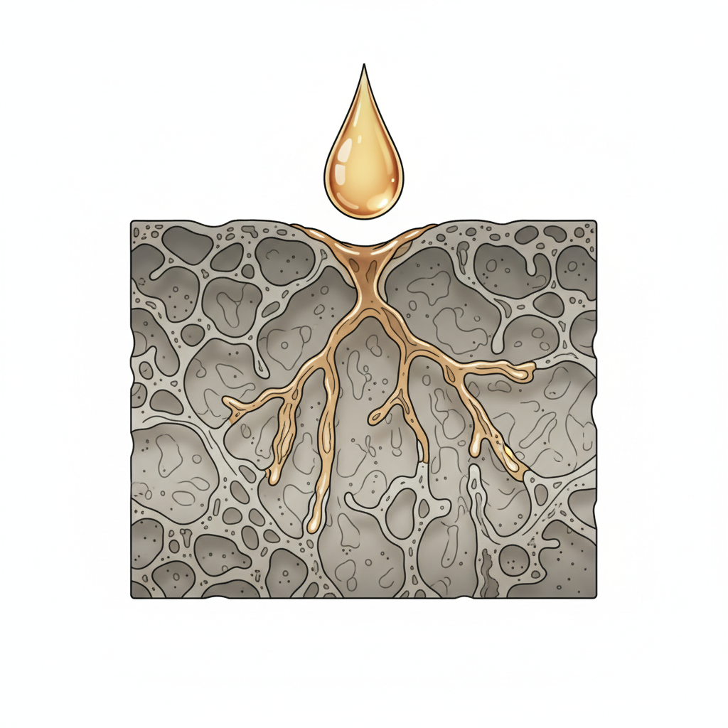 A detailed scientific illustration in a clean, modern infographic style, depicting a magnified cross-section of a porous stone surface. Show the stone's internal structure with visible, interconnected channels and pores. From the top, a drop of translucent, oily, golden-yellow liquid (representing grease) is in the process of penetrating and spreading downwards through these internal pores, illustrating the absorption process. The background is minimalistic and white, allowing the focus to be entirely on the visual explanation of porosity and penetration.