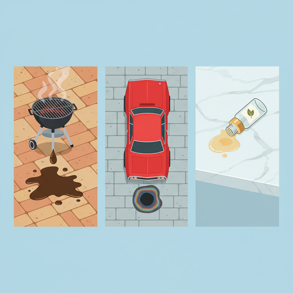 A detailed flat illustration depicting a collage of common grease stain sources on various stone surfaces. On one side, a BBQ grill drips oil onto patio pavers, creating a dark stain. In the center, a car has left a prominent motor oil stain on a grey driveway paver. On the other side, a bathroom counter with light marble features a small spill of cosmetic oil. The overall image should highlight the diverse origins of the stains, showing contrast between the clean stone and the unsightly grease marks. Use a bright, clean color palette.