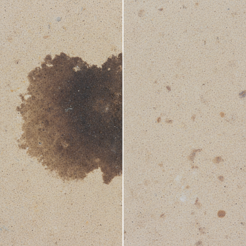 A professional, high-resolution photo showing a clear before-and-after comparison of a grease stain on a stone surface. The left side of the image features a section of a porous natural stone, such as travertine or sandstone, with a deeply embedded, dark, irregular grease stain. The right side seamlessly transitions to the same type of stone, but perfectly clean and restored to its original color and texture, free of any blemishes. The focus should be on the visual transformation and the effectiveness of cleaning. The lighting should be natural and even.