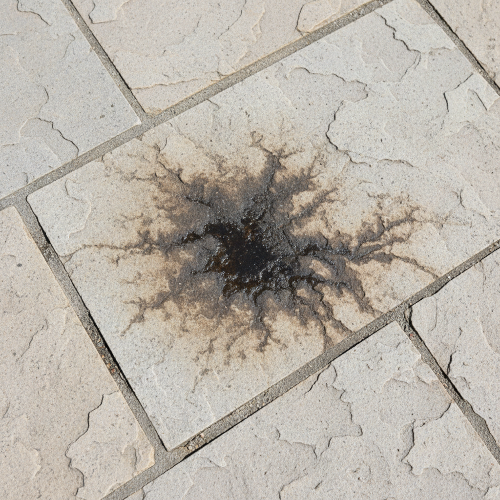 A close-up, high-resolution photo of an outdoor stone patio slab, specifically light grey or beige natural stone. A prominent, dark, and oily grease stain is visible on a section of the slab, subtly appearing to seep into the stone's porous texture. The surrounding areas of the stone are clean and dry, creating a clear visual contrast that emphasizes the unsightly nature of the stain. Natural daylight illuminates the scene, highlighting the rough texture of the stone and the slight sheen of the grease. Professional photo, realistic.