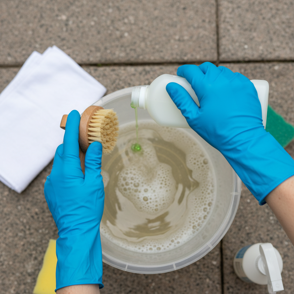 An overhead shot in a clean, professional flat lay style. A pair of hands, wearing protective blue or yellow cleaning gloves, is positioned central to the frame. One hand holds a soft bristled scrubbing brush, while the other is in the process of pouring a small stream of liquid dish soap from an unlabeled bottle into a clear bucket containing warm, sudsy water. The background subtly shows a blurred outdoor stone patio surface, implying the context of the cleaning task about to begin. The focus is on the essential cleaning tools and the preparation step.