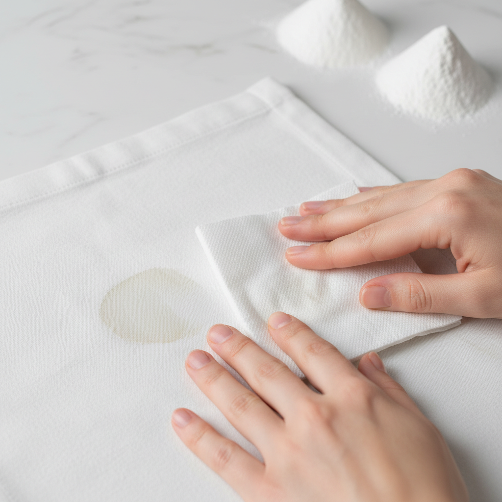A close-up studio photograph focusing on a light-colored, woven fabric, such as a white cotton shirt, with a fresh, circular grease stain. A pair of clean hands is carefully dabbing the center of the stain with a neatly folded, white paper towel, showing gentle, controlled pressure. In the slightly blurred background, small, pristine piles of white absorbent powder, resembling cornstarch or baby powder, are visible on a clean, bright surface, suggesting immediate treatment. The overall impression is one of careful, effective first aid for a stain.