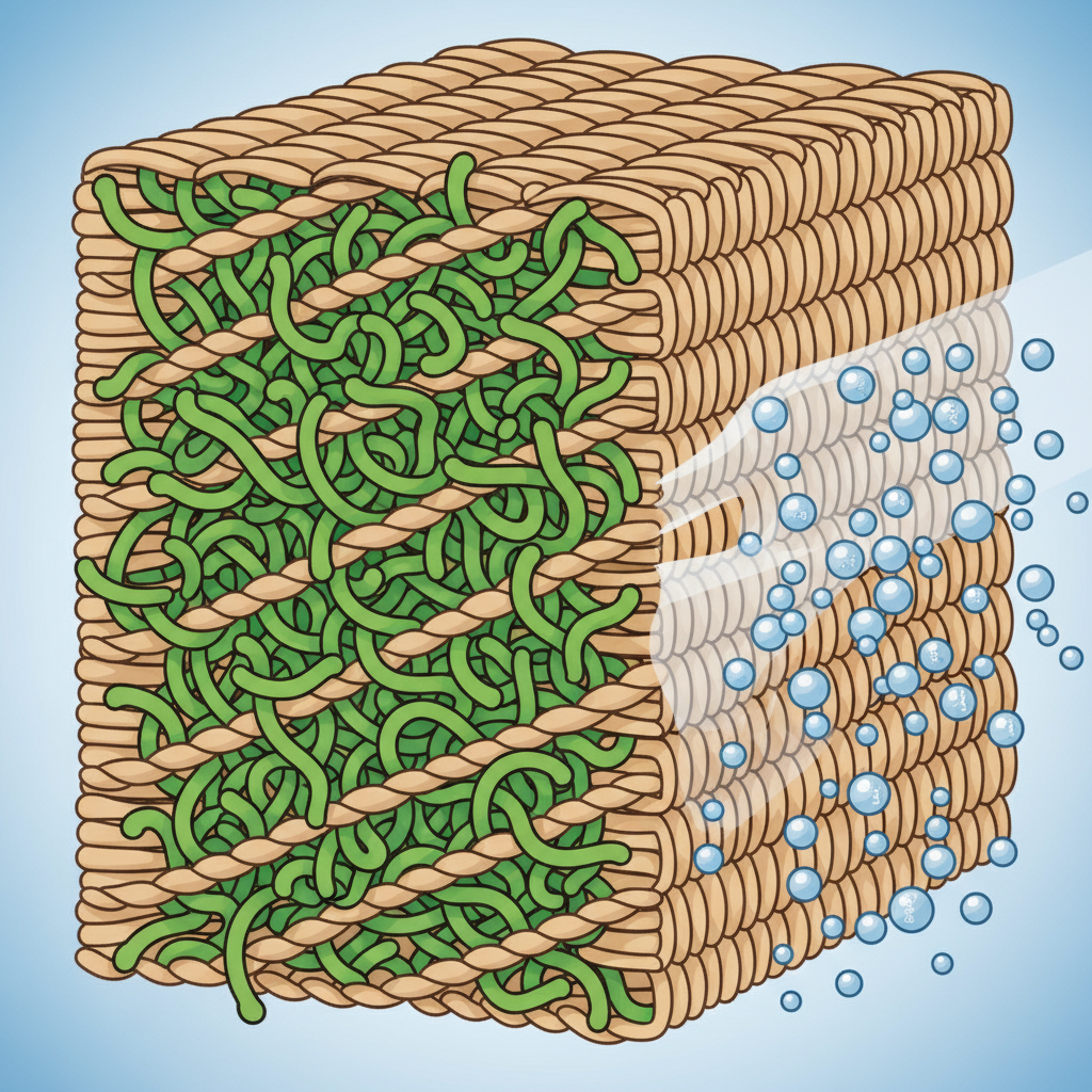 An infographic-style illustration depicting a magnified cross-section of fabric fibers interacting with various substances. On one side, highly stylized, long-chain grease molecules are shown deeply embedded and intricately intertwined within the individual strands of the fabric. On the adjacent side, small, polar water molecules are depicted bouncing off or being repelled by the grease-saturated fibers, visually demonstrating the hydrophobic nature and the difficulty of removing the stain with water alone. The illustration should highlight the stubborn adherence of fat to fibers.