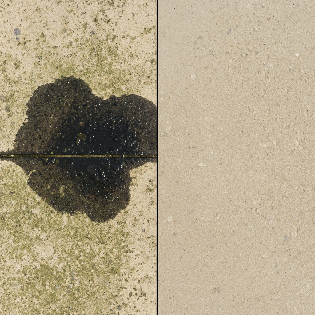 A professional, realistic photo illustrating a 'before and after' scenario for patio slab cleaning. On the left side, a close-up section of a light-colored, textured patio slab (e.g., concrete or sandstone) is prominently marred by a dark, oily grease stain, indicating neglect and dirt accumulation. On the right side, the identical type of patio slab is impeccably clean, dry, and restored to its original bright, unblemished appearance, shining subtly under natural light. The visual transition between the two sides should be clear and satisfying, emphasizing the dramatic effectiveness of proper cleaning.