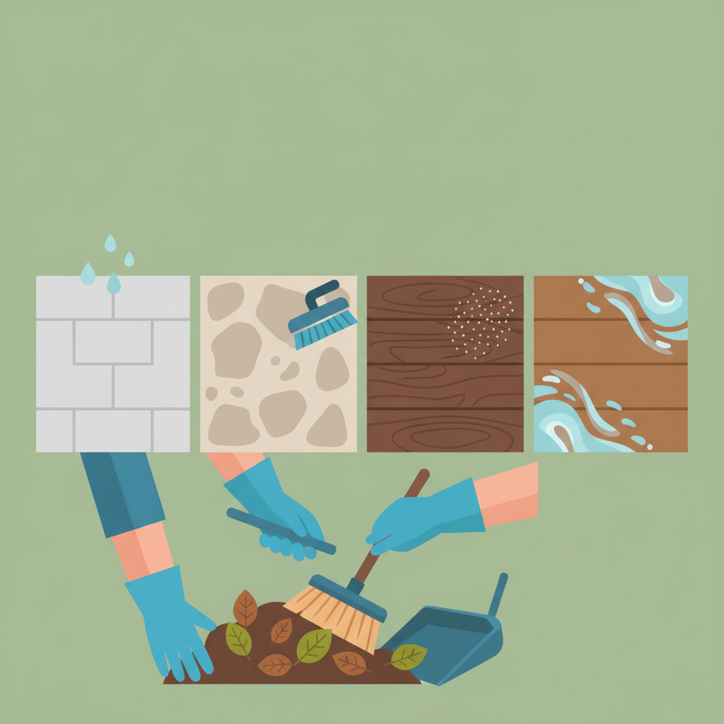 A vibrant, modern flat illustration depicting the various elements involved in patio cleaning. The scene features different types of patio slabs: a light grey concrete slab, a textured natural stone tile, a section of wooden deck board, and a smooth composite WPC plank, arranged aesthetically to showcase material diversity. Above or near each slab type, subtle, abstract representations of appropriate cleaning actions are shown, such as water droplets for rinsing, a gentle scrubbing brush, or a sprinkle of absorbent powder. In the foreground, a pair of hands wearing protective gloves is sweeping away loose leaves and dirt with a small broom, symbolizing thorough preparation.