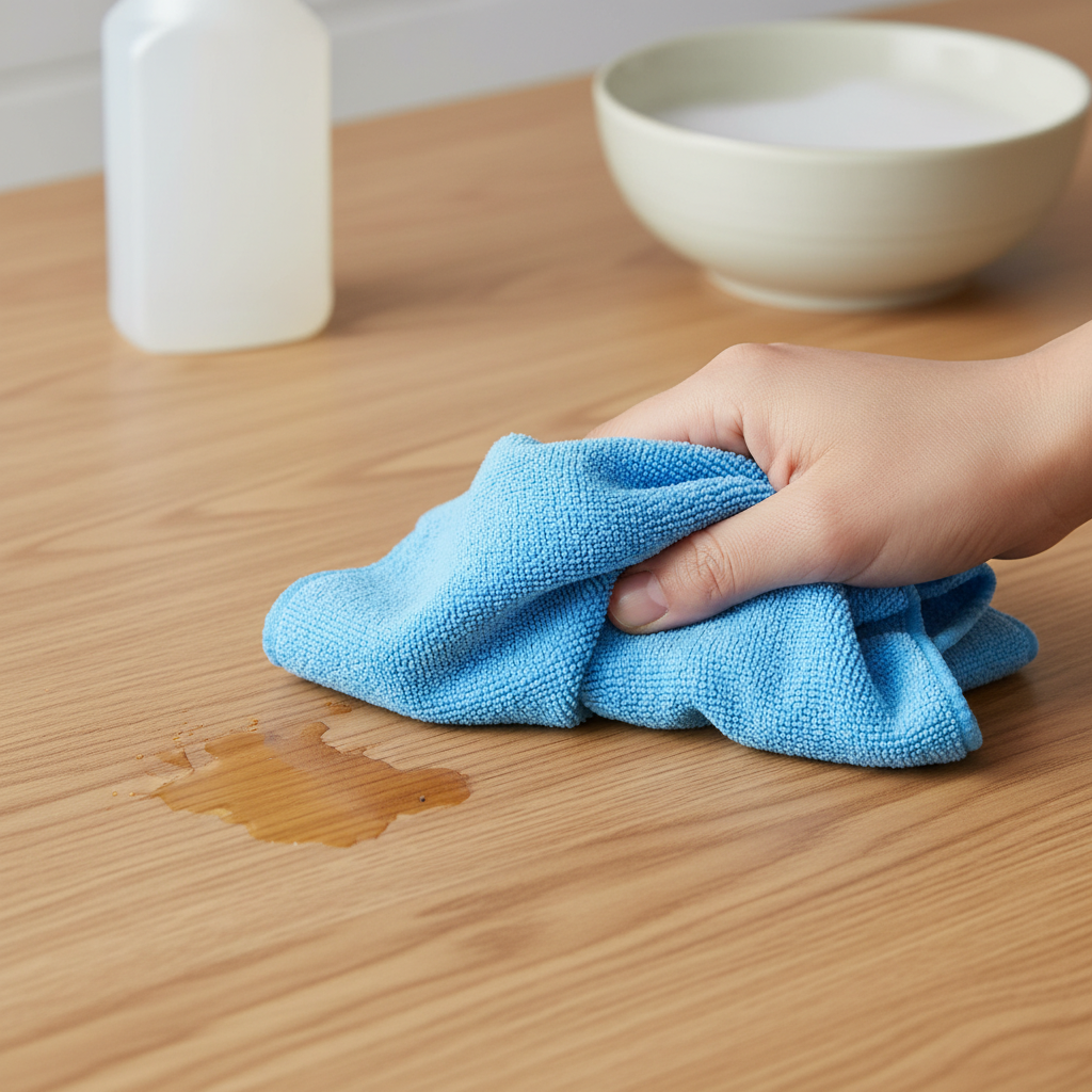 A close-up, eye-level professional photo of a wooden kitchen countertop. A distinct, dark grease stain is visible on the light-colored wood surface. A clean, soft micro-fiber cloth is held by a hand, hovering just above the stain, ready to begin cleaning. In the background, slightly out of focus, a generic, simple cleaning spray bottle or a bowl of cleaning solution sits on the counter. The wood grain is clearly visible, highlighting the contrast between the pristine wood and the unwanted stain, emphasizing the problem and the impending solution.