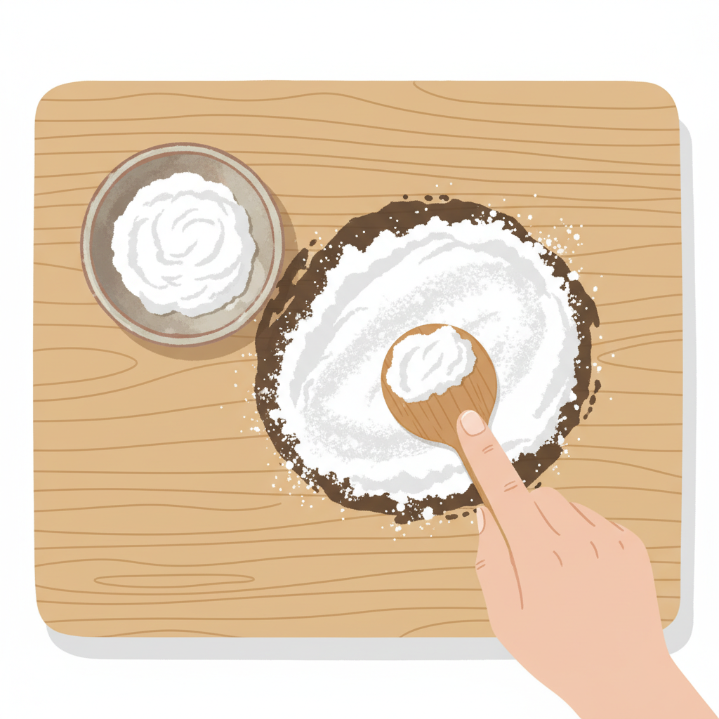 An overhead flat lay illustration depicting the application of a cleaning paste to a grease stain on wood. A light-colored wooden surface (e.g., a cutting board or table section) has a prominent, dark circular grease stain. Next to it, a small, rustic ceramic bowl contains a white, thick paste (representing baking soda mixture). A finger or a small, wooden spatula is gently spreading the paste directly onto the grease stain. The overall scene is bright and clean, with a focus on the action and the simple, natural ingredients.