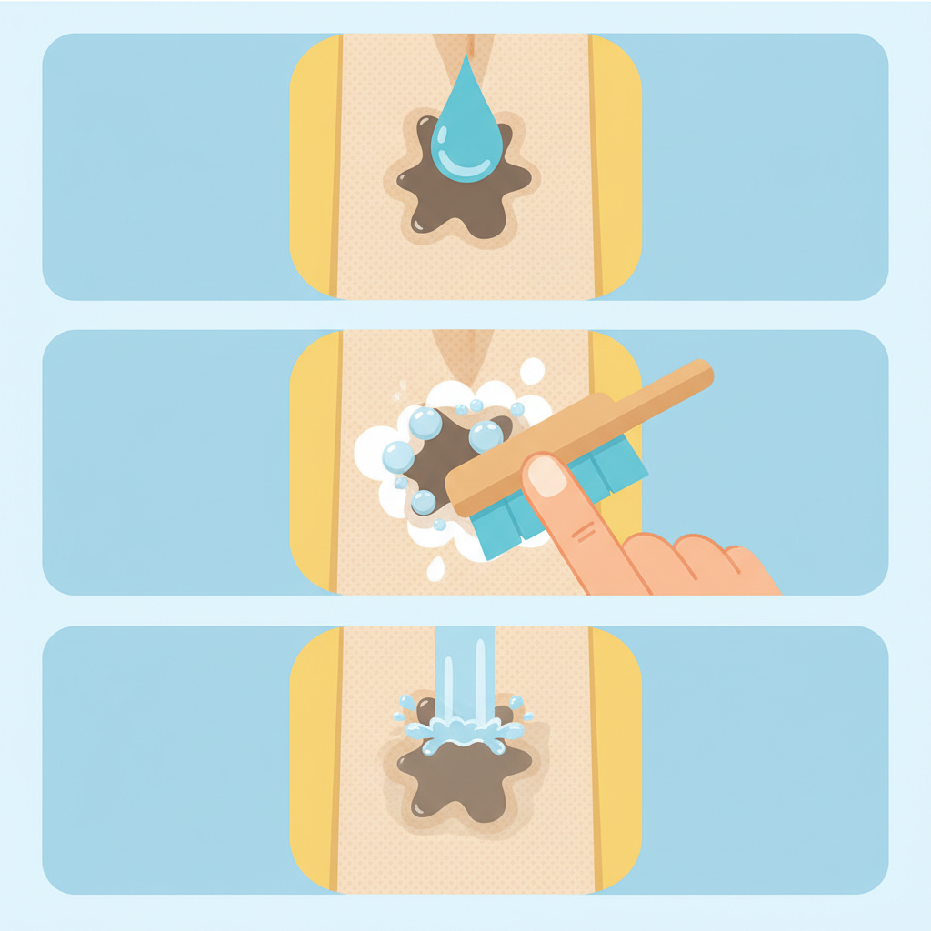 A detailed, infographic-style flat illustration showing a sequence of actions for removing a grease stain using dish soap. The main focus is on a section of jacket fabric with a clear grease stain. One visual segment depicts a drop of blue dish soap falling onto the stain. Another segment shows a gentle finger or a small, soft brush working the soap into the fabric. A final segment illustrates clean water rinsing the treated area, showing the stain fading. The colors are bright and clean, emphasizing clarity and ease of process.