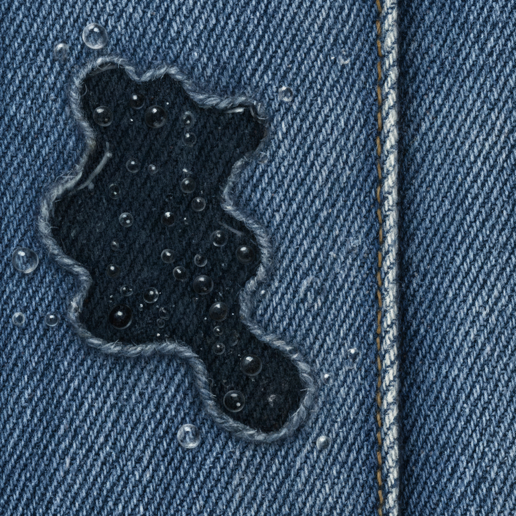 A close-up, macro view of denim fabric texture. A distinct, dark grease stain is visible on a section of blue jeans, illustrating how fat penetrates fibers. Tiny, abstract, dark spherical particles representing fat molecules are depicted deeply embedded within the individual cotton threads, visually repelling water droplets that are shown bouncing off the surface around the stain. On an adjacent, clean section, the untouched, original denim texture is clearly visible for contrast. Professional, hyperrealistic digital painting with a focus on textile detail and a slightly scientific, illustrative feel.